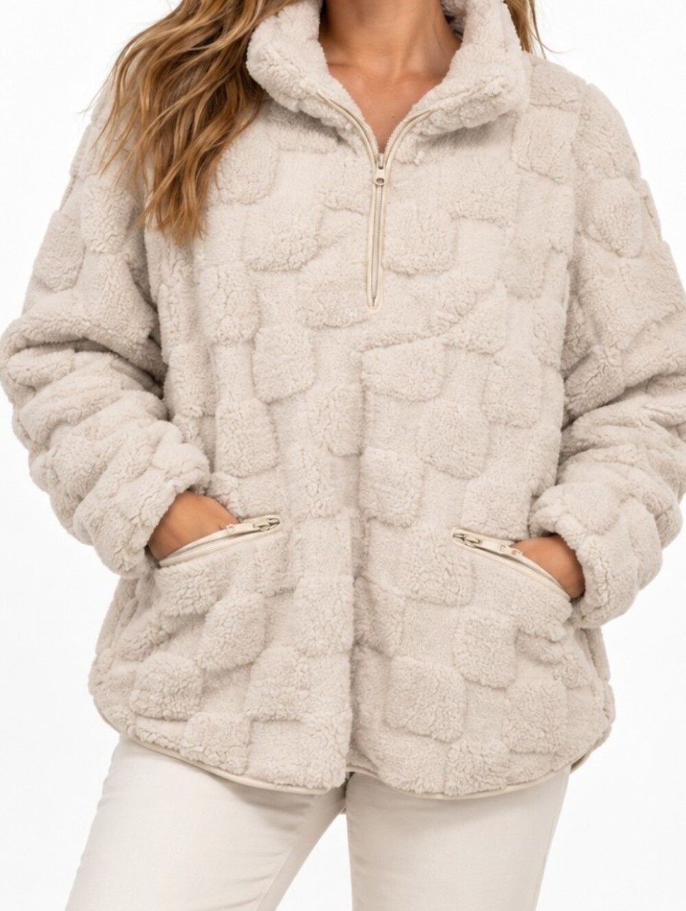Daydream By Berkshire Home Cozy Cream Textured Half Zip, Zip Pockets Large Swtr